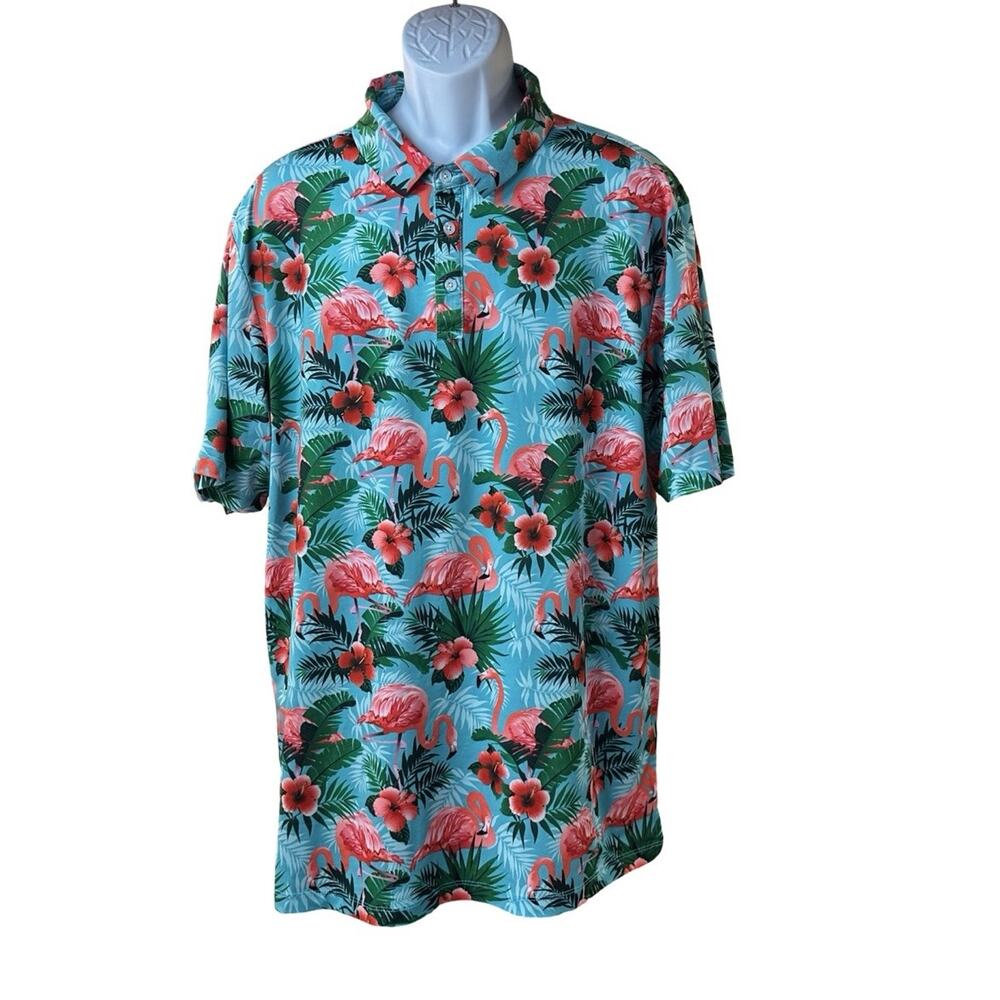 Yatta Golf Mens Pau Hana Tropical Flamingo Pattern Polo Shirt Size XXL